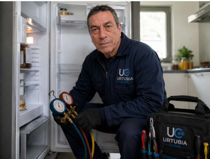 Don Manuel Urtubia trabajando en un refrigerador